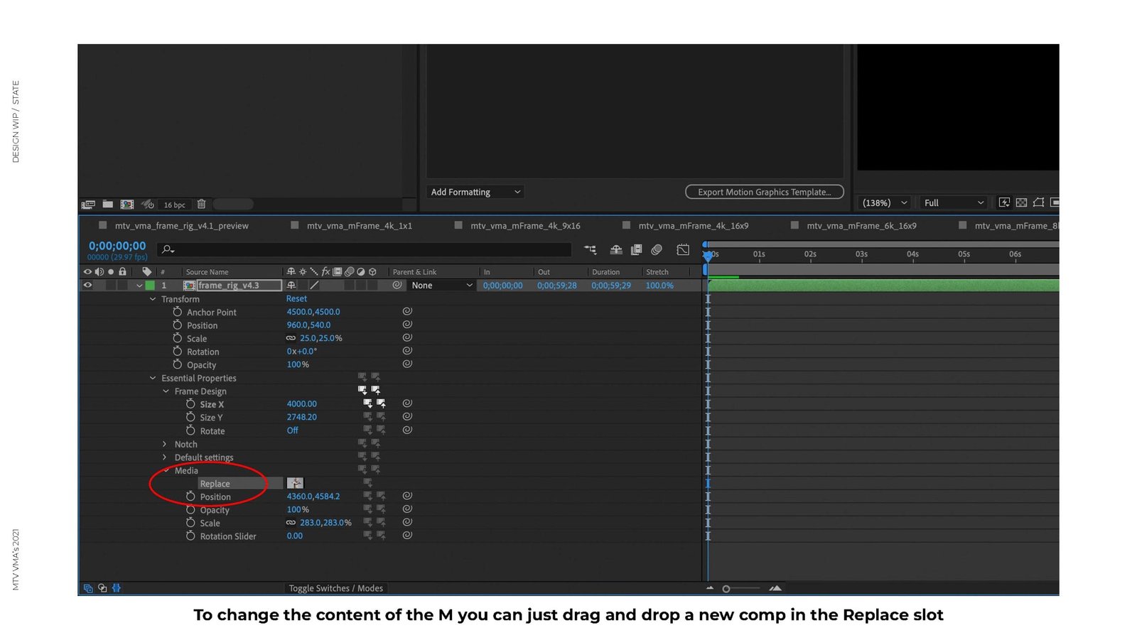 MTV VMA rig guide: Swap what’s inside the “M” by dropping a new comp into the Replace slot.